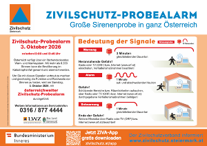 Infografik zu österreichweiter Sirenenprobe am 3. Oktober 2026. Darstellung von Warnsignalen und Verhaltenshinweisen. #Zivilschutz #Sicherheit #Steiermark